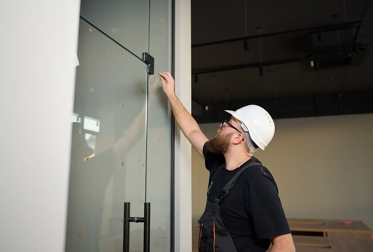 Engineer performing commercial door repair on a glass shopfront in London